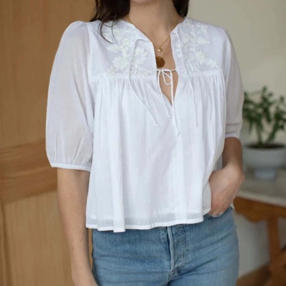 Emerson Fry Tops - India Collection Emerson Fry Isla White Embroidered Puff Sleeve Top M/L